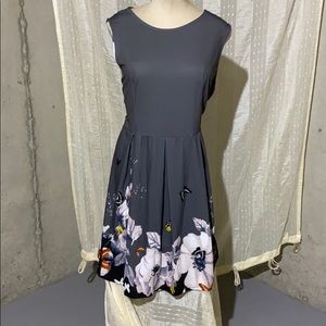 Casual gray dress, flower and butterfly pattern